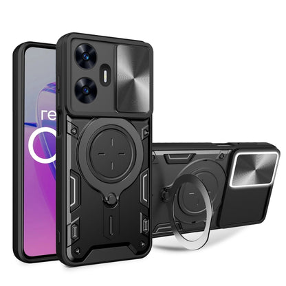 Black sliding phone case with magnetic circular holder and textured camera panel for protection