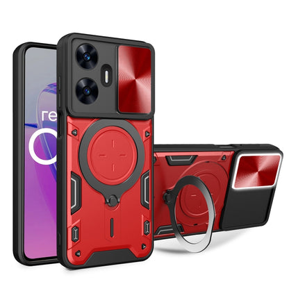 Red sliding phone case with magnetic circular holder and textured camera panel for protection