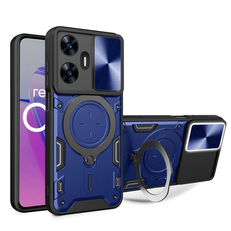 Blue sliding phone case with magnetic circular holder and textured camera panel for protection