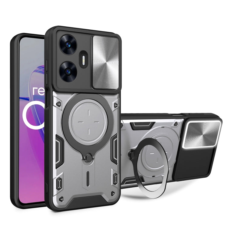 Rugged phone case with sliding camera shield and magnetic holder, silver/black