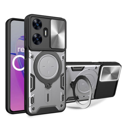 Rugged phone case with sliding camera shield and magnetic holder, silver/black