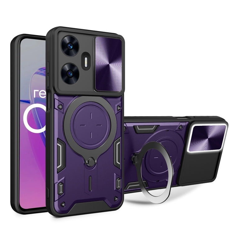 Rugged phone case with sliding camera shield and magnetic holder, purple/black