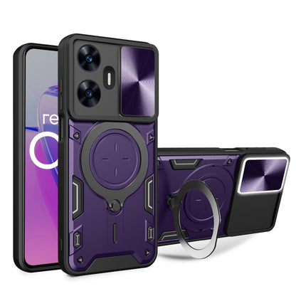 Rugged phone case with sliding camera shield and magnetic holder, purple/black