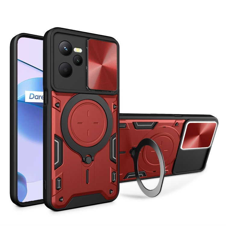 Magnetic phone case with sliding camshield holder and ring, red