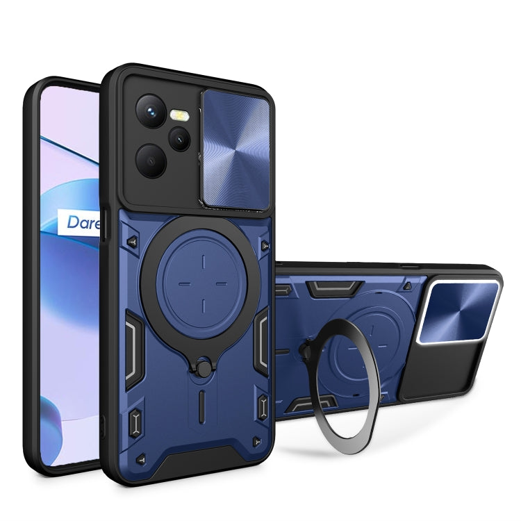 Magnetic phone case with sliding camshield holder and ring, blue