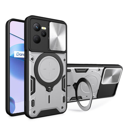 Magnetic phone case with sliding camshield holder and ring, silver