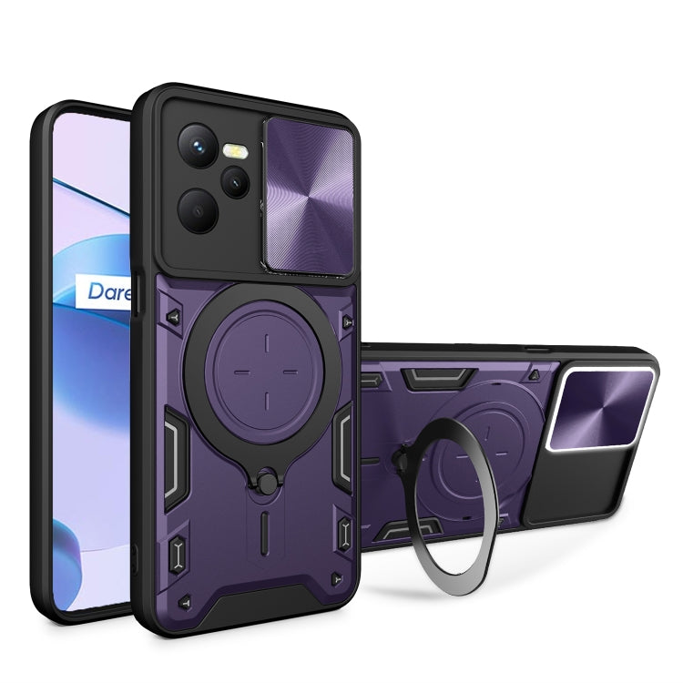 Magnetic phone case with sliding camshield holder and ring, purple