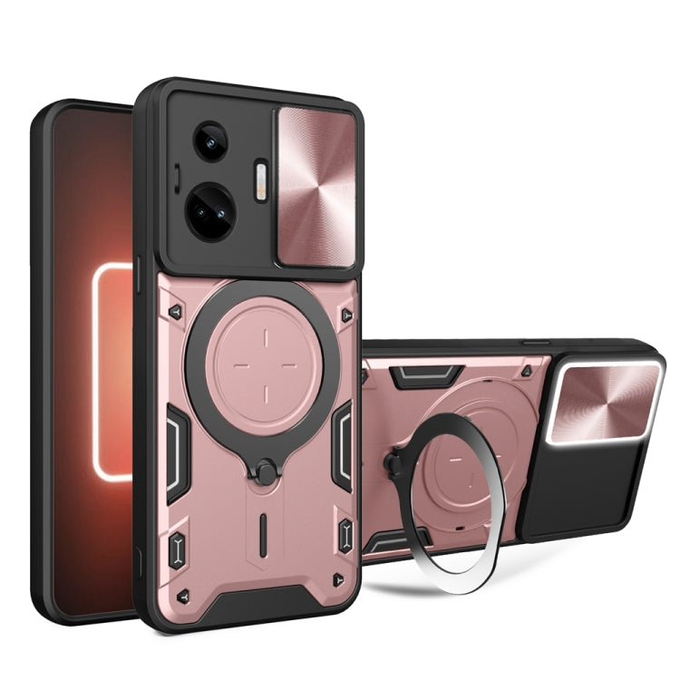 Rugged phone case with sliding camera shield and magnetic holder, pink/black