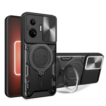 Rugged phone case with sliding camera shield and magnetic holder, dark gray/black