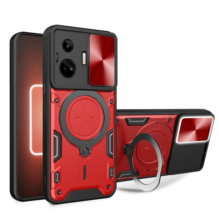 Rugged phone case with sliding camera shield and magnetic holder, red/black