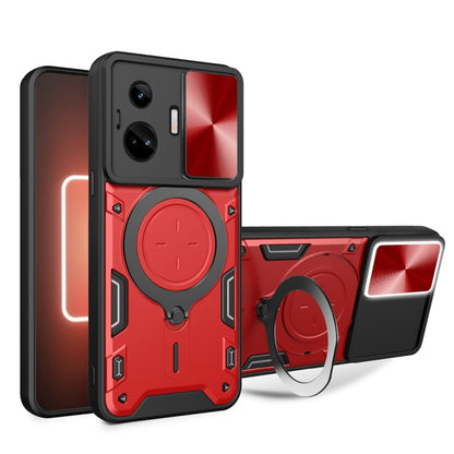 Rugged phone case with sliding camera shield and magnetic holder, red/black