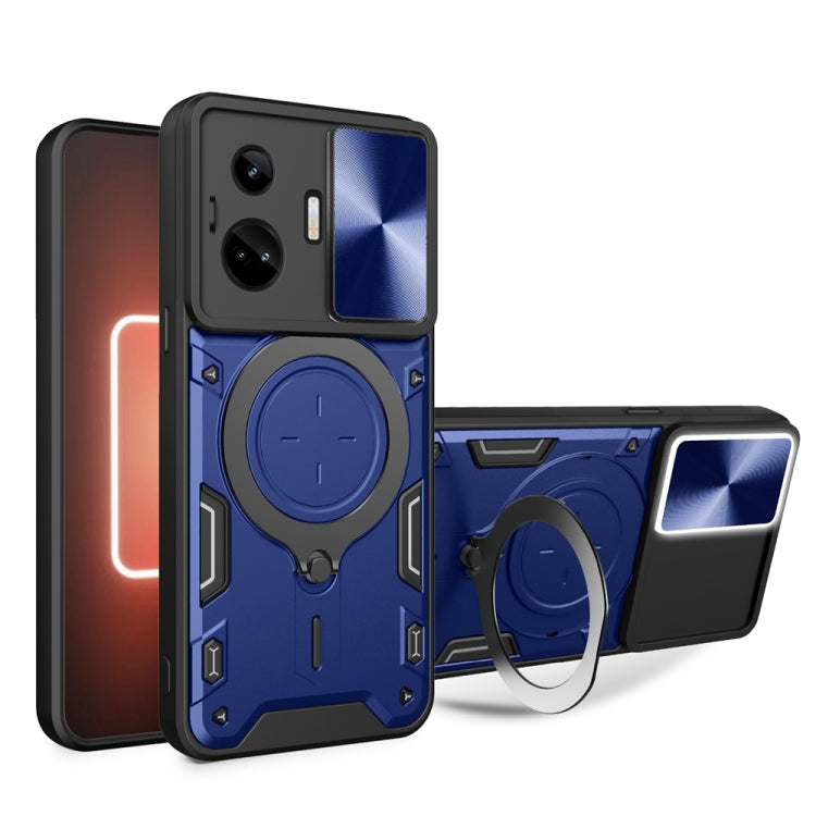 Rugged phone case with sliding camera shield and magnetic holder, blue/black