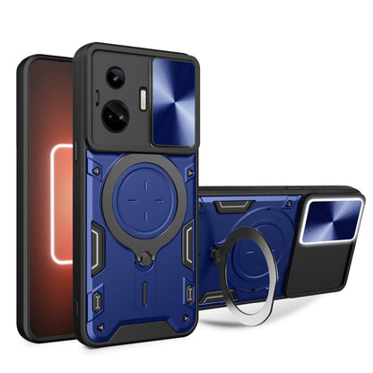 Rugged phone case with sliding camera shield and magnetic holder, blue/black