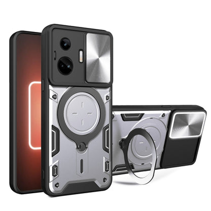 Rugged phone case with sliding camera shield and magnetic holder, light gray/black