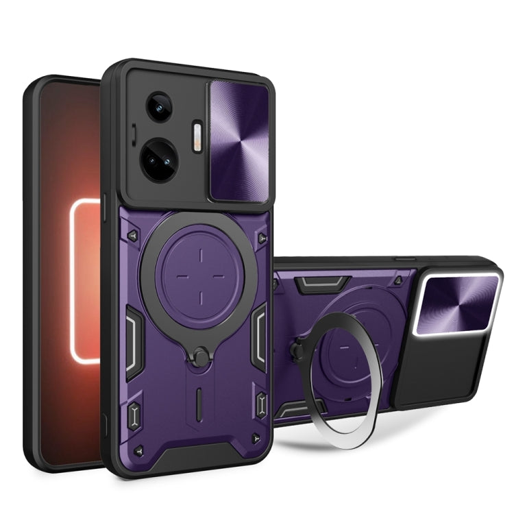 Rugged phone case with sliding camera shield and magnetic holder, indigo/purple
