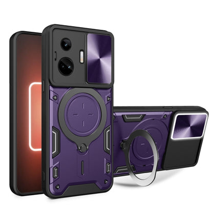 Rugged phone case with sliding camera shield and magnetic holder, indigo/purple