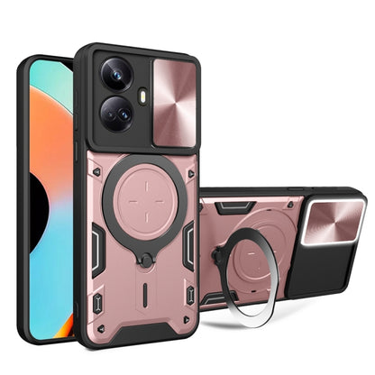 Rugged phone case with sliding camera shield and magnetic holder, rose pink/black