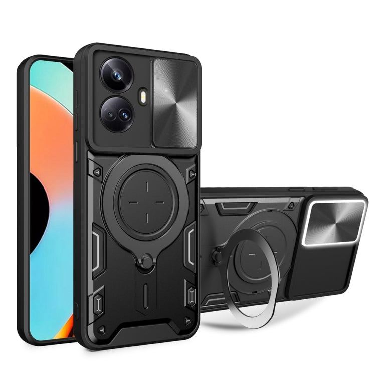 Rugged phone case with sliding camera shield and magnetic holder, dark gray/black