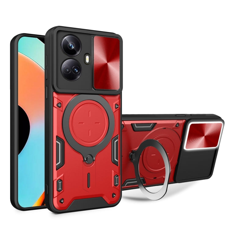 Magnetic phone case with sliding camshield holder and ring, red