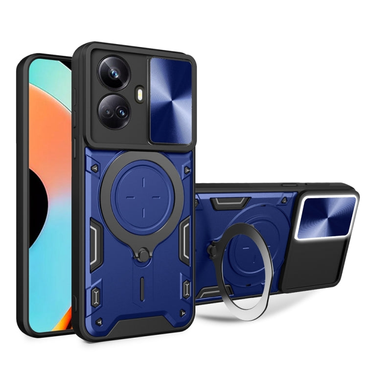 Magnetic phone case with sliding camshield holder and ring, blue