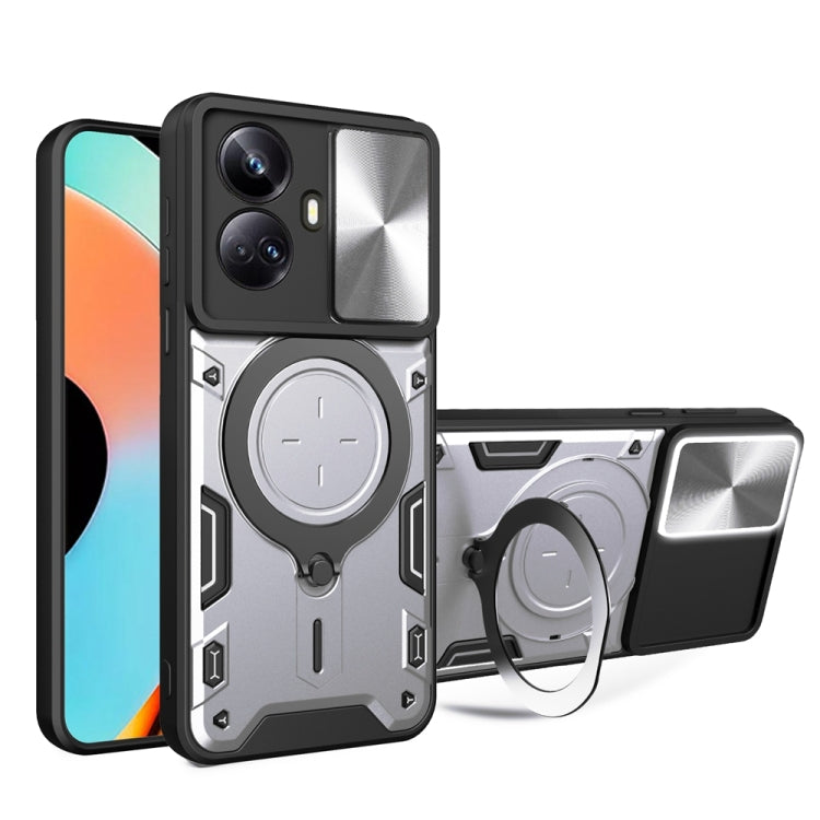 Magnetic phone case with sliding camshield holder and ring, silver