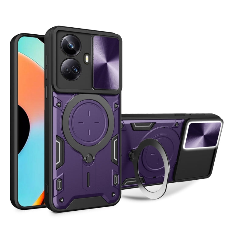Magnetic phone case with sliding camshield holder and ring, purple