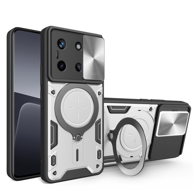 Silver textured phone case with magnetic ring holder and sliding camshield