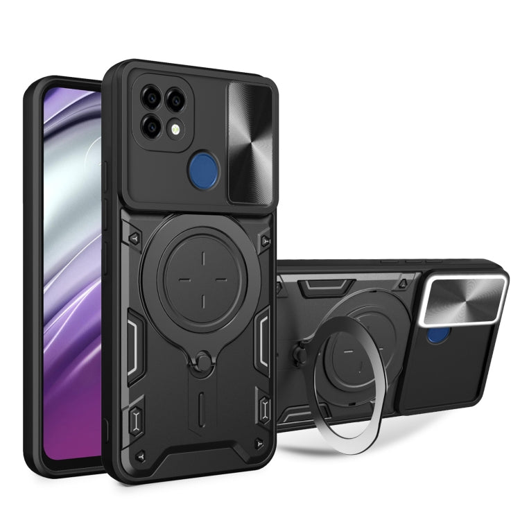 Black textured phone case with sliding camshield and magnetic holder ring