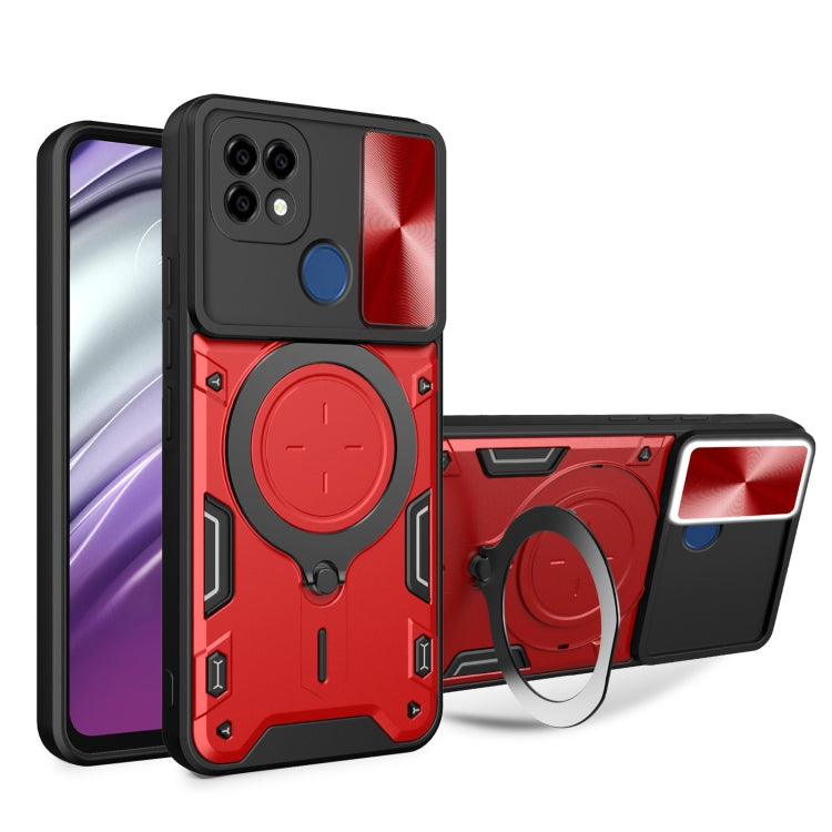 Red textured phone case with sliding camshield and magnetic holder ring