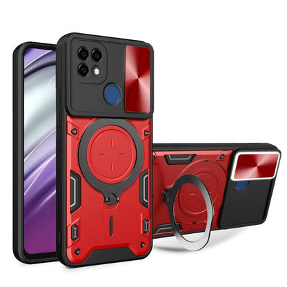 Red textured phone case with sliding camshield and magnetic holder ring