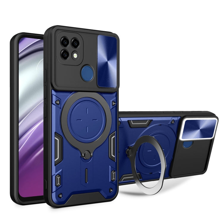 Blue textured phone case with sliding camshield and magnetic holder ring