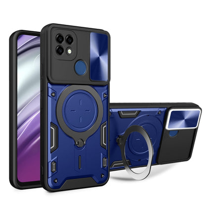 Blue textured phone case with sliding camshield and magnetic holder ring