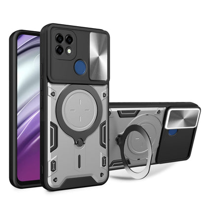 Gray/silver textured phone case with sliding camshield and magnetic holder ring