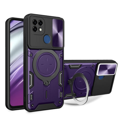 Purple textured phone case with sliding camshield and magnetic holder ring