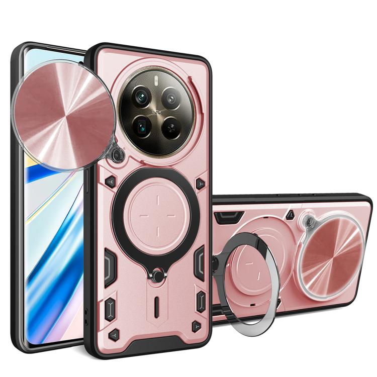 Pink and rose rugged phone case with sliding cam shield and magnetic ring holder