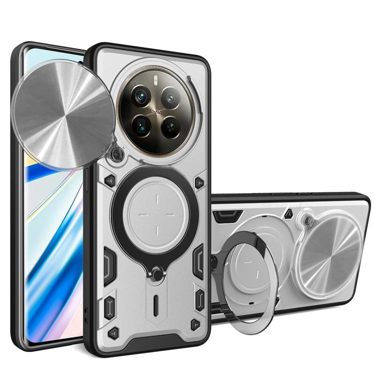 Silver/gray rugged phone case with sliding cam shield and magnetic ring holder