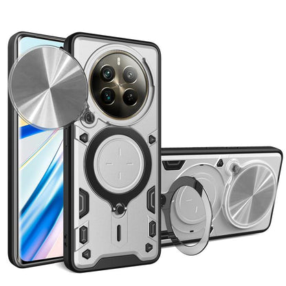 Silver/gray rugged phone case with sliding cam shield and magnetic ring holder