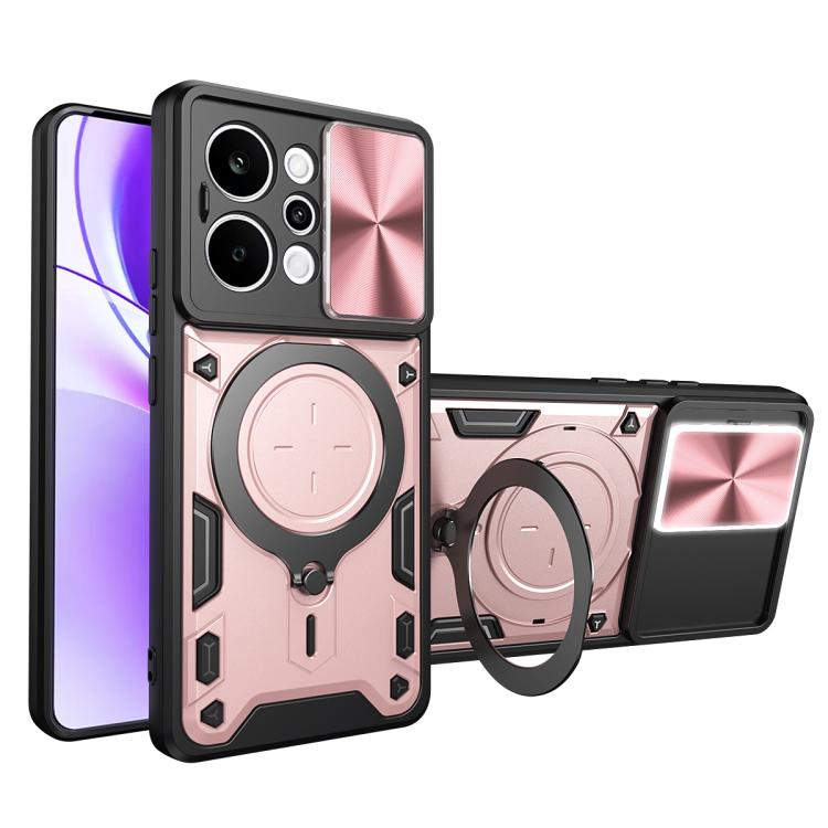Phone case with magnetic ring holder and sliding cover, black with pink and red accents