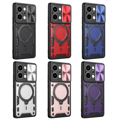 Magnetic ring phone cases with sliding cover, multi-color set including black, red, blue, and purple