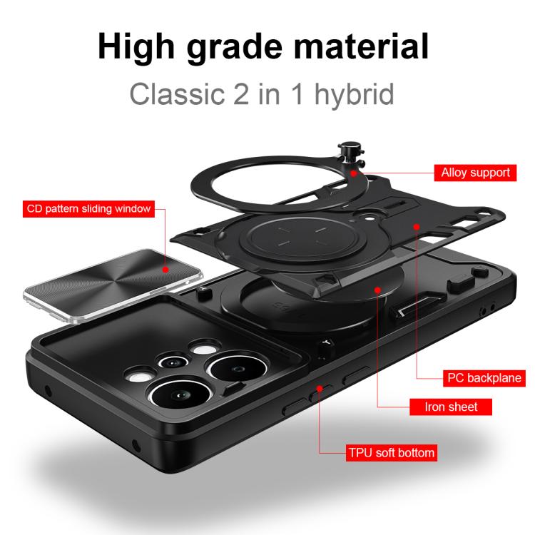 Black hybrid phone case with sliding cover and magnetic ring, raised camera cutouts