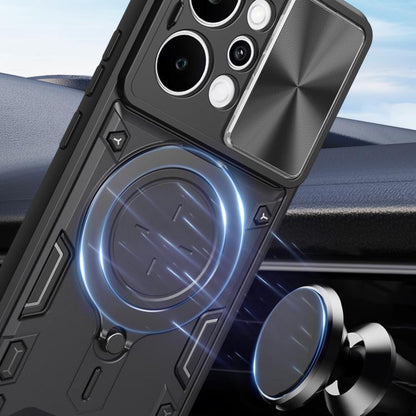 Black phone case with magnetic ring stand and textured panel on the back, camera cutouts