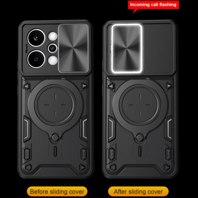 Black phone case showing sliding cover over camera and magnetic ring holder