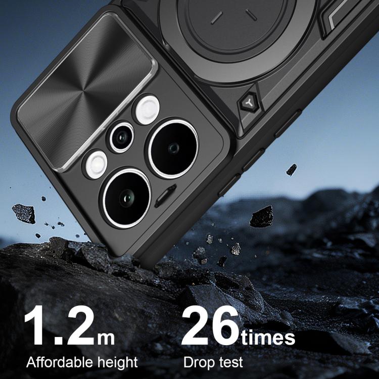 Black phone case with silver textured back panel and magnetic ring holder