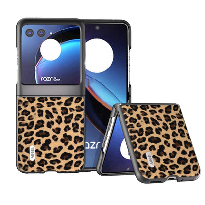 Leopard print phone case with black edges and built-in folding stand