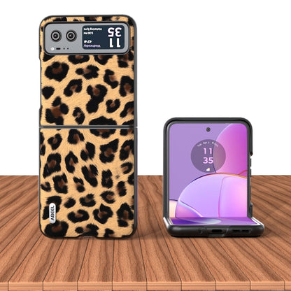 Leopard print flip phone case with black frame and built-in stand, double-compartment style