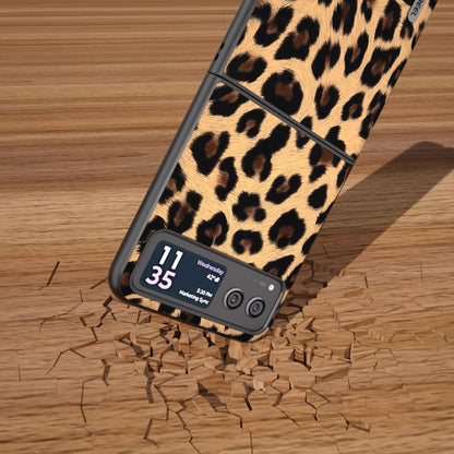 Leopard print phone case with black trim and screen-view window for notifications