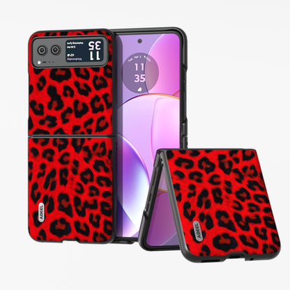 Red leopard print phone case with black edge and built-in folding stand