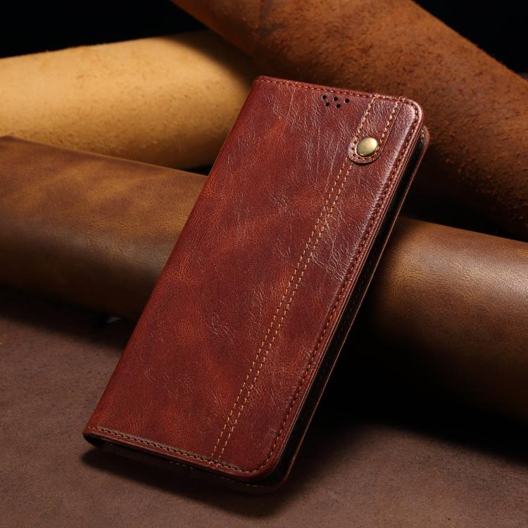 Brown leather folio phone case with stitched design and top snap closure