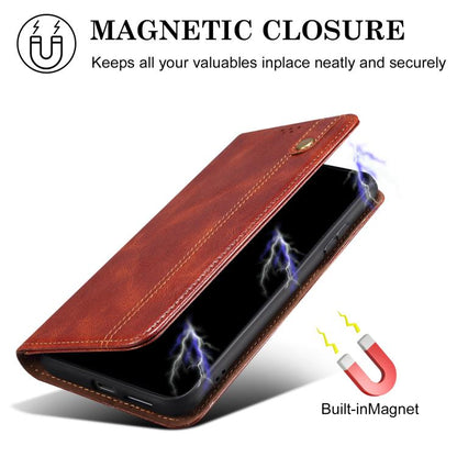 Brown leather flip phone case with magnetic closure and front cover fully folded