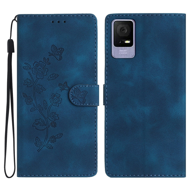 Blue leather-look phone case with embossed flowers and butterflies, wrist strap and cutout